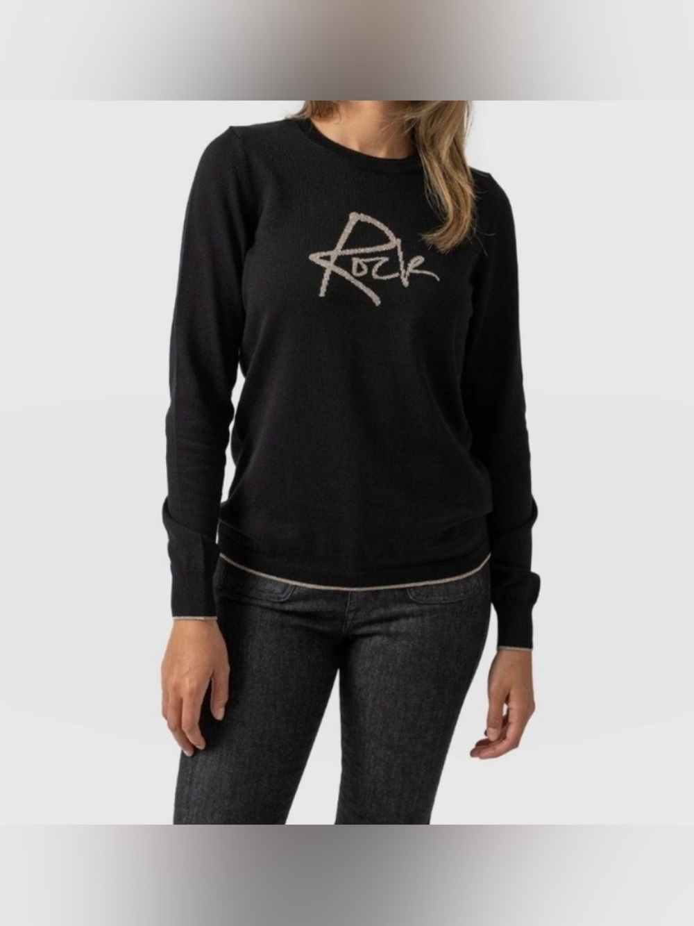 Black Crewneck Sweater with Metallic 'Rock' Script & Trim